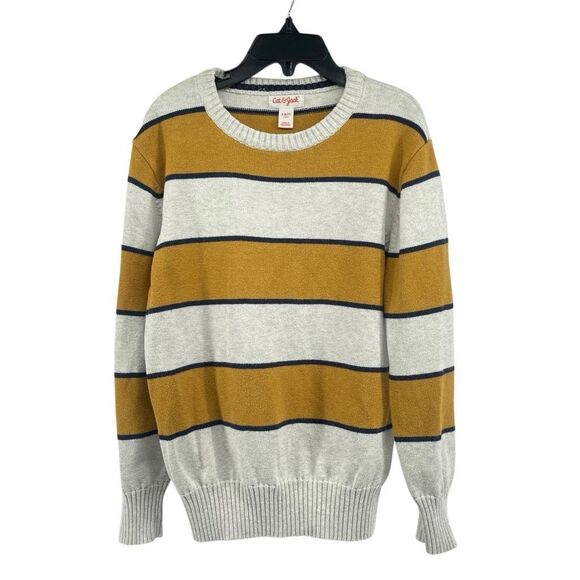 Cat & Jack Boys Gray Yellow Striped Cotton Crewneck Sweater Size Small 6/7 - Picture 1 of 8